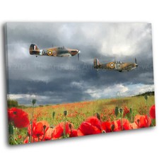 Spitfire & Hurricane Flying Over Poppy Field Picture Framed Canvas Art Print