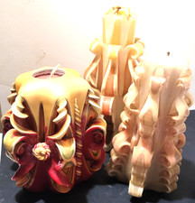 3x vintage handmade Carved Ribbon Cut & Curl Candles