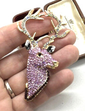 Beautiful Lilac Diamonte Large Stag Deer Head Goldtone Brooch - BN