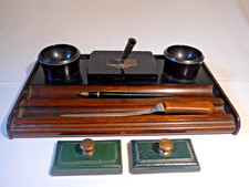 Vintage Wood, Onyx and Bakelite Desk Set with Sheaffer fountain pen and holder