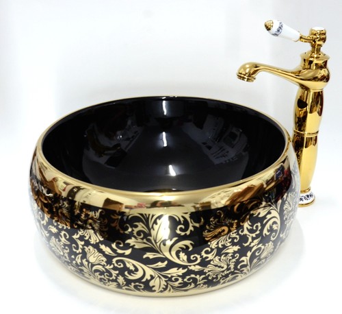 Black gold floral bathroom - black,