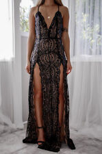 BLACK PROM PLUNGE FLORAL SEQUIN DOUBLE THIGH SLIT MAXI DRESS SZ 6