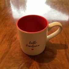 Coffee Mug In Pink And Cream Showing A Love Heart With Hello Handsome