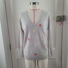 Pure Collection Grey Multi Star Print V-neck 100% Cashmere Jumper Size 8 Uk 4 Us