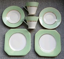 2 x Palissy Art Deco Trios,Cups,Saucers & Plates.Green,White with Gilt dec.