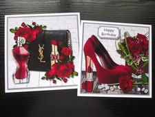 Set of 2 x (6x6) RED SHOES & BLACK HANDBAG & ACCESSORIES Hand Made Card Toppers
