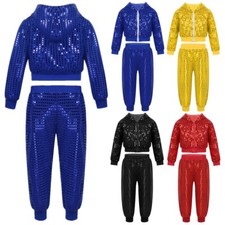 Boys Girls Sequin Hip Hop Clothes Jazz Street Dance Costume Hooded Top and Pants