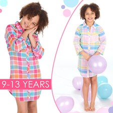 Kids Girls Buttoned Nightdress Checked Nightshirt Mid Thigh Nightie Sleep Shirt