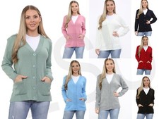 LADIES WOMEN GIRLS PLAIN CARDIGAN WITH BUTTONS KNITTED LONG SLEEVE WITH POCKETS