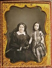 G1472~ 1/2 Plate Daguerreotype Mother & Daughter Holding Hands Plaid Curls Lace