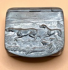Mulberry Cornish Pewter Pill Snuff Box Vintage Dogs Hunting Scene Embossed