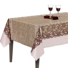 PVC Vinyl Tablecloth Lace Effect Brown 140cm Wide