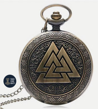 Valknut Bronze Pocket Watch Norse Viking Symbol – 80cm Chain – Gift Pouch