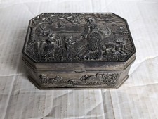 Stunning Vintage Pewter Octagonal Trinket Box Detailed Pastoral Relief Scenes