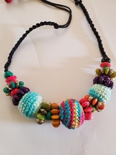 Chunky Knitted And Wooden Beads On Black Cord Multicoloured Necklace 