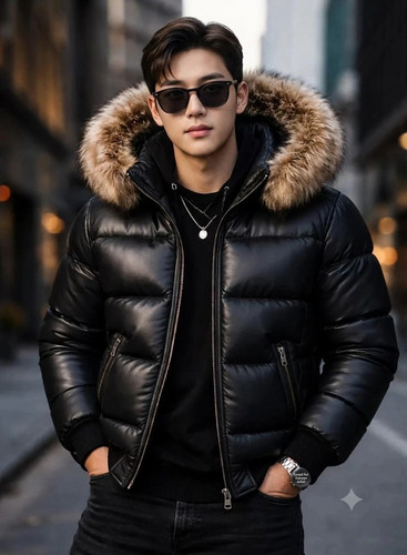 Men genuine leather puffer - genuine,