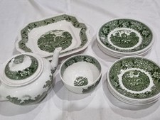 Job Lot of mixed Green & White Staffordshire Scenic china tea pot,cake dish,etc