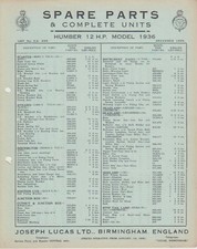 Humber 12 HP 1936 Lucas Spare Parts List Single Sheet NOT ILLUSTRATED