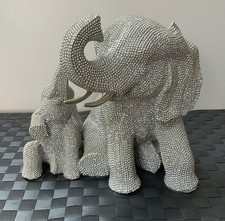 Silver Glitzy Mother And Baby Calf Sparkly Elephant Figurine 18cm High.