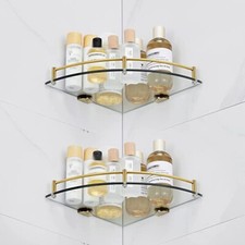 2pc Glass Shelves Wall-Mounted Bathroom Clear Corner Shelf Gold Chrome Support