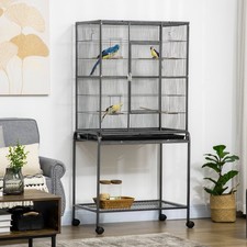 Rolling Bird Cage w/ Detachable Stand, Storage Shelf, Wood Perch, Food Container