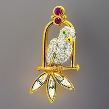 Swarovski Vintage Ruby Emerald Diamond Gold Bird Paradise Parrot Cage Brooch