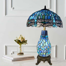 Blue & Black Tiffany Style Table Clustered Lamp For Home Decor Bedroom Glass