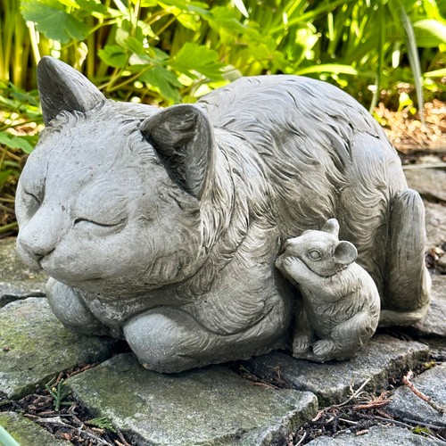 Stone cat and mouse sculpture - cat,