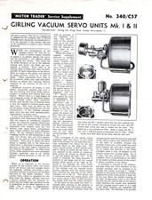 Girling Vacuum Servo Units Mk1 & 11Motor Trader Supplement No.340 C/57 1960