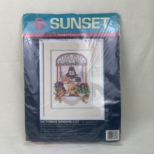 Sunset Stamped Cross Stitch Kit Victorian Window Cat Cynthia Lee 13050