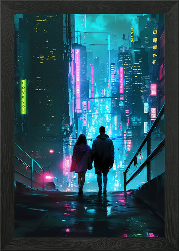 Future neon city couple - city, framed