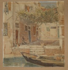 Venice Italy Woman & Gondola - Watercolour Painting c1900 