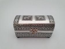 Indian Style Metal Jewellery Box Purple Velvet Lined [15cm wide 8cm high] GC