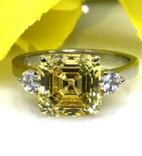 3 Stone 3.98Ct Canary Yellow Asscher Cut Diamond Engagement Ring White Gold Over