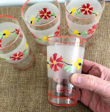 vintage 1950's part frosted hand painted tumbler/drinking glasses x 4 ~ 4.5"