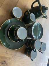 11 Pcs Apilco Vintage Dark Green Gold Porcelain Coffee Set Cups Saucers Pot Jug