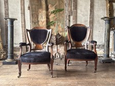 Pair of Antique Mahogany Inlaid Marquetry Black Velvet Chairs Armchairs C 1900