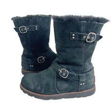 UGG Noira Women's Black Leather Shearling Lined Boots Moto Size 9