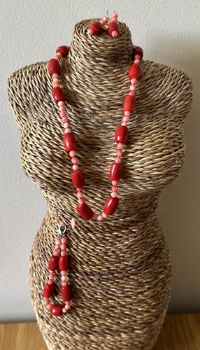 Coral red necklace earrings - coral,