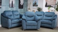 G PLAN JACKSON L2 + 2 SEATER SOFAS & CHAIR IN DELUX SCUBA BLUE FABRIC. RRP £4074
