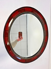 Oval Mirror Glossy Deep Brown Wood Frame Decorative Wall Hanging Vtg E17T G109
