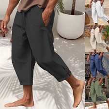 Mens Baggy Elastic Waist Cotton Linen Casual Trouser Wide Legs Loose Harem Pants