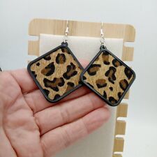 Leopard Earrings Square brown black neutral animal Print faux fur dangles uk