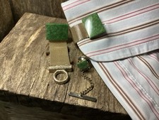 Vintage DANTE Mesh Wrap Around Cufflinks & Tie Pin Green Jade Mod 1970’s Set