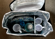 M & S PICNIC COOL BAG WITH 4 PLATES, TUMBLERS, MUGS & PLASTIC CUTLERY
