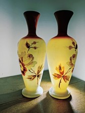 Pair of Victorian Opaline Glass Vases, Hand painted Floral Design, Translucent