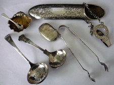 Job Lot Silver Plate Items Spectacle Case Sifter Spoons Open Salt Sugar Nips