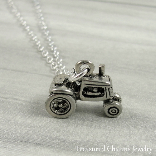 Silver tractor charm - silver, necklace