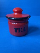Vintage red enamel tea caddy pot container tub with lid
