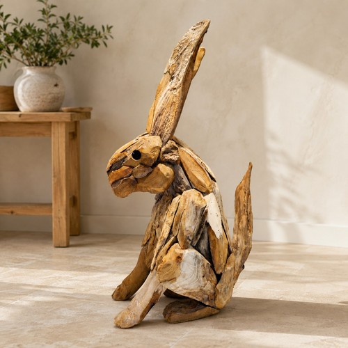 Large teak wood hare - large, sculpture